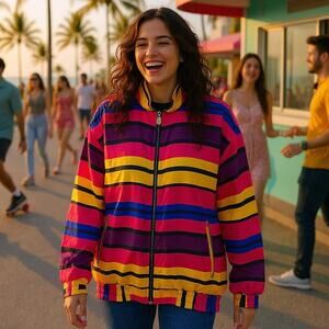 Fuda International Vintage Silk Bomber Jacket Multicolor Stripe Zip Womens Large